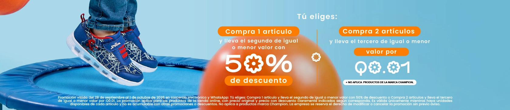 Compra 1 artículo y lleva el segundo de igual a menor valor con 50% de descuento